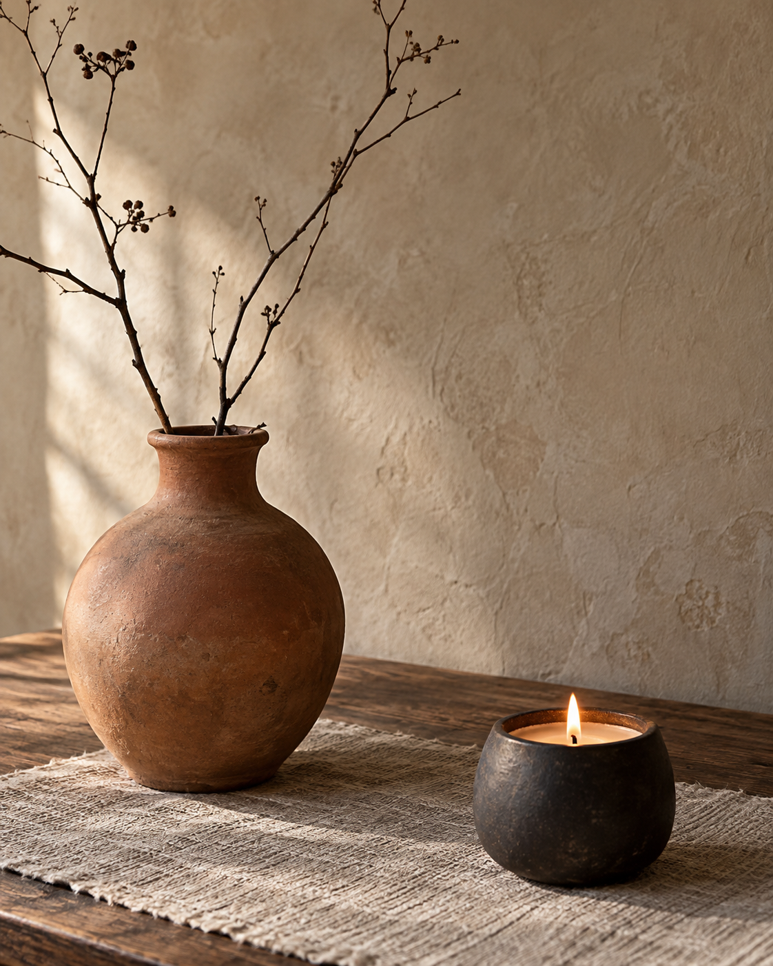 Illustrative still life with a candle and terracotta vase